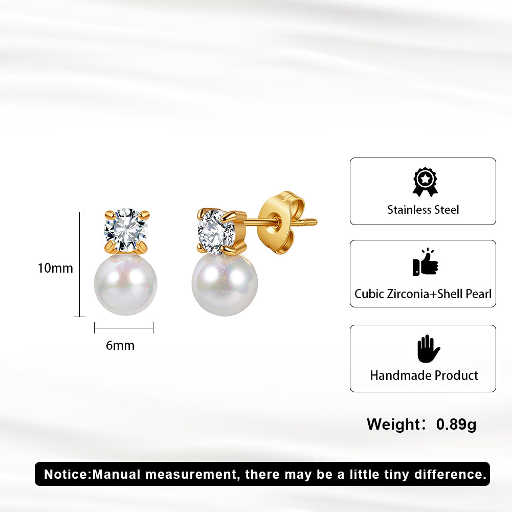 Dainty Solitaire CZ &amp; Shell Pearl Drop Stud Earrings
