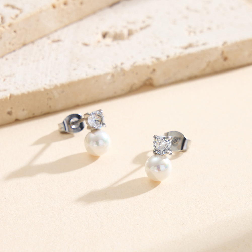 Dainty Solitaire CZ &amp; Shell Pearl Drop Stud Earrings