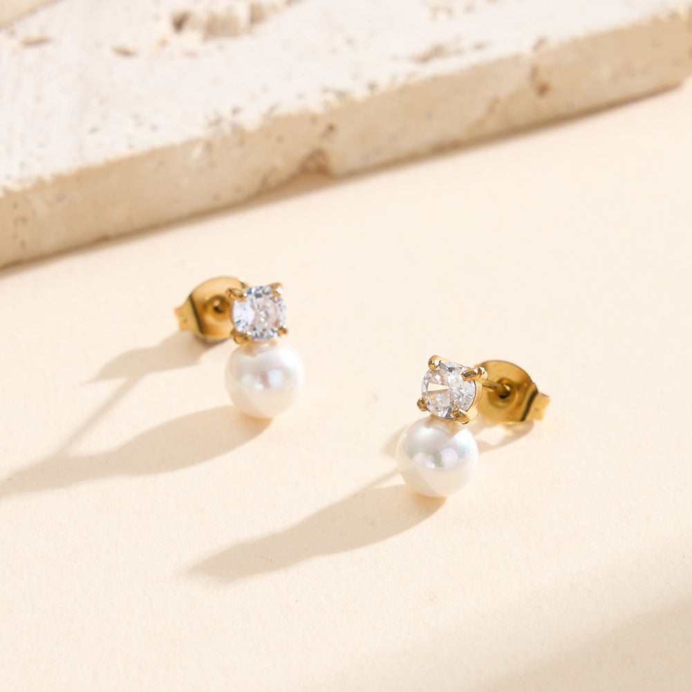 Dainty Solitaire CZ &amp; Shell Pearl Drop Stud Earrings