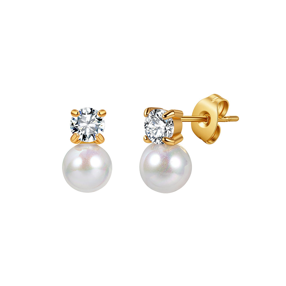 Dainty Solitaire CZ &amp; Shell Pearl Drop Stud Earrings