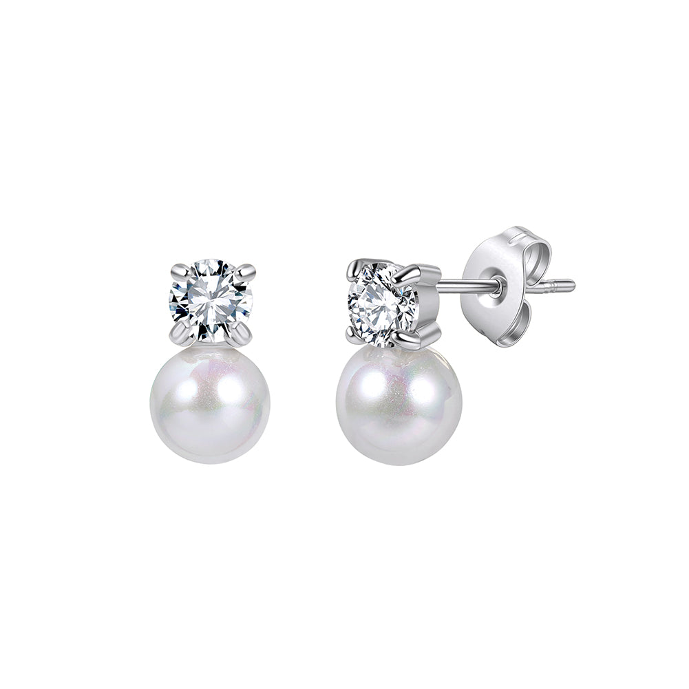 Dainty Solitaire CZ &amp; Shell Pearl Drop Stud Earrings