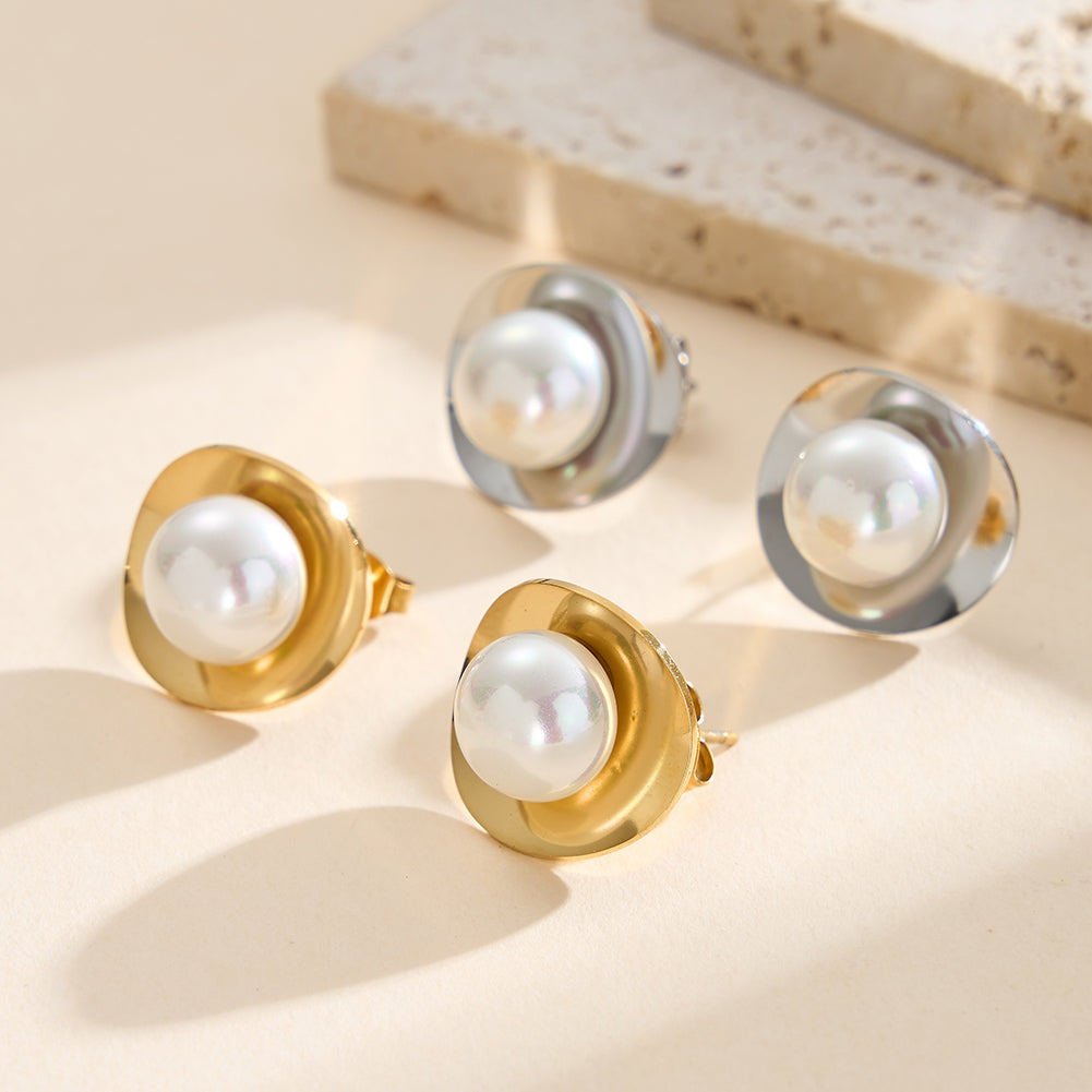 Modernist Organic Concave Gold Disc & Shell Pearl Stud Earrings
