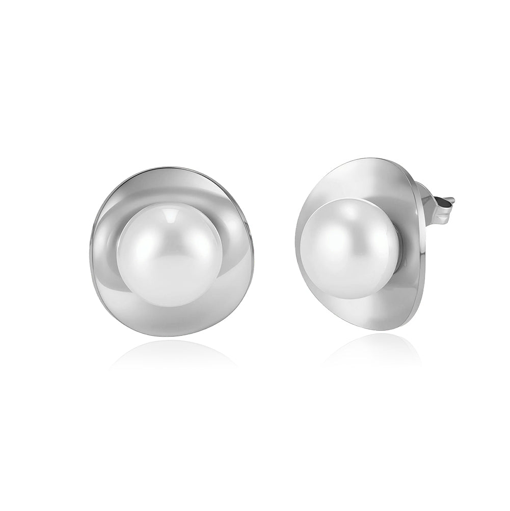 Modernist Organic Concave Gold Disc & Shell Pearl Stud Earrings