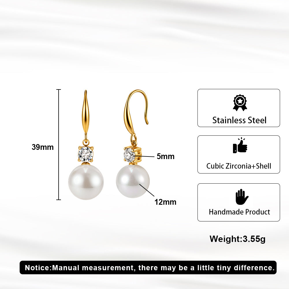 Elegant French Solitaire CZ & Cascading Shell Pearl Drop Earrings