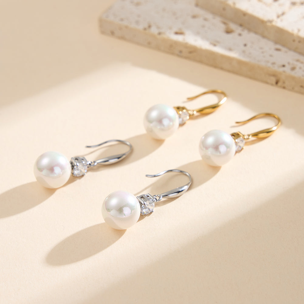 Elegant French Solitaire CZ & Cascading Shell Pearl Drop Earrings