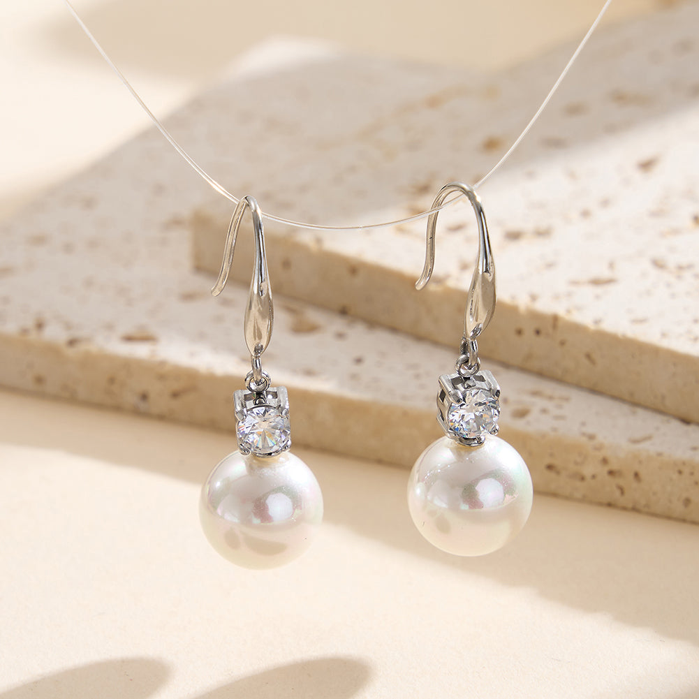 Elegant French Solitaire CZ & Cascading Shell Pearl Drop Earrings