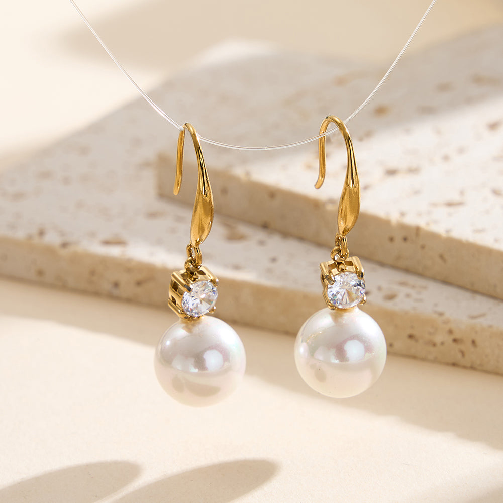 Elegant French Solitaire CZ & Cascading Shell Pearl Drop Earrings