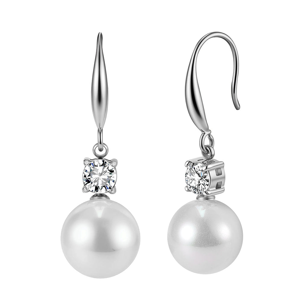 Elegant French Solitaire CZ & Cascading Shell Pearl Drop Earrings