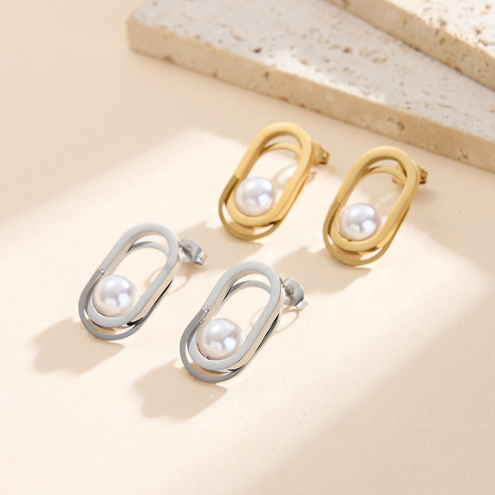 Modernist Interlocking Double Oval & Floating Shell Pearl Earrings