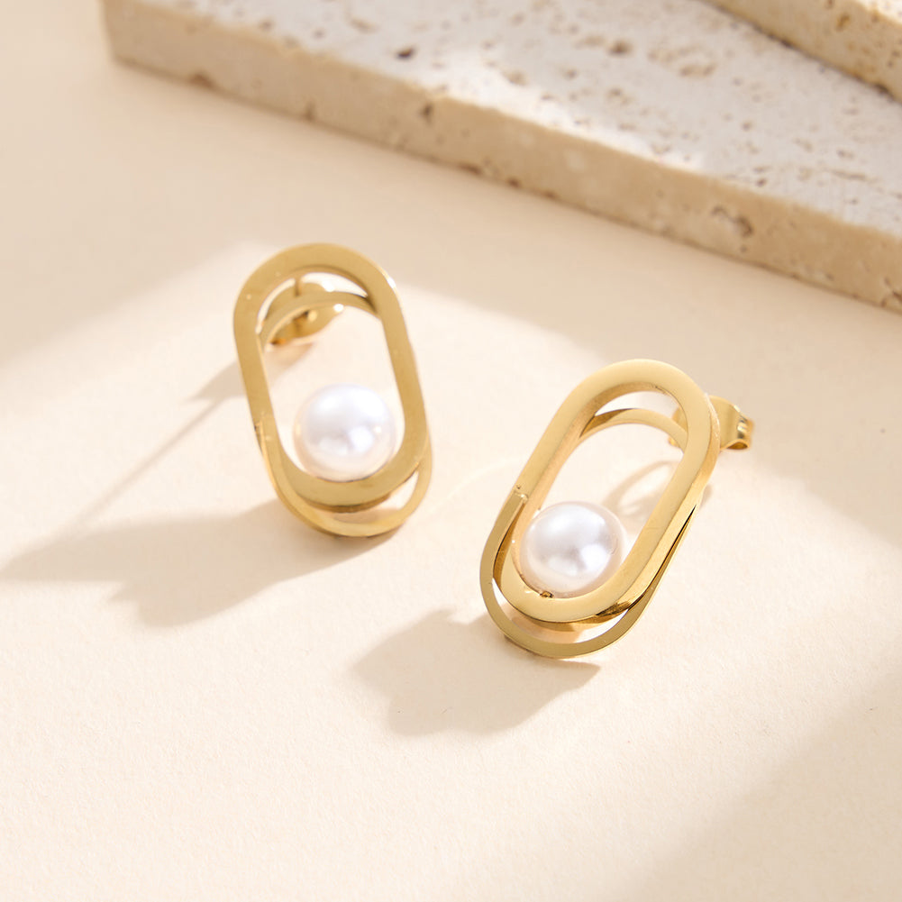 Modernist Interlocking Double Oval & Floating Shell Pearl Earrings