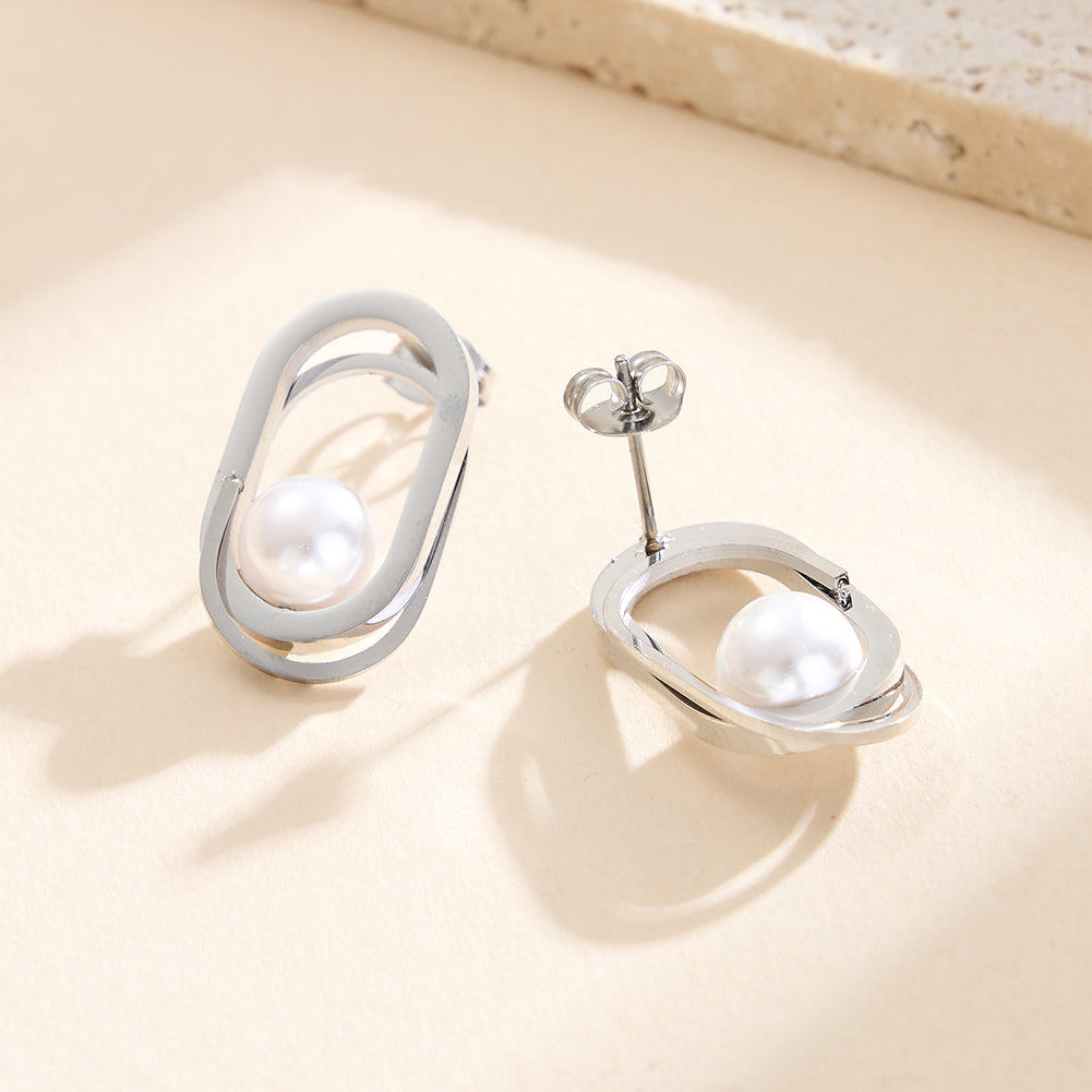 Modernist Interlocking Double Oval & Floating Shell Pearl Earrings