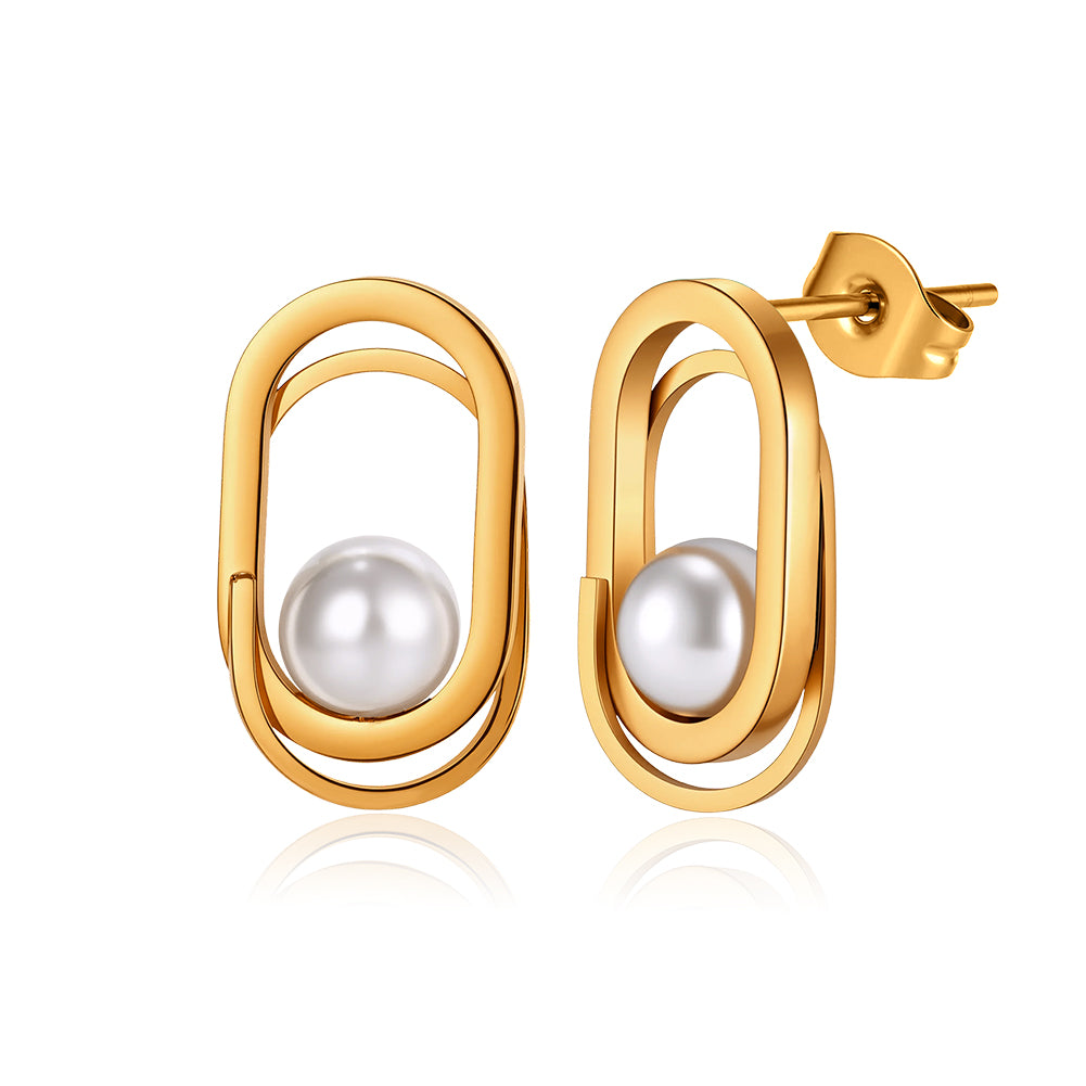 Modernist Interlocking Double Oval & Floating Shell Pearl Earrings