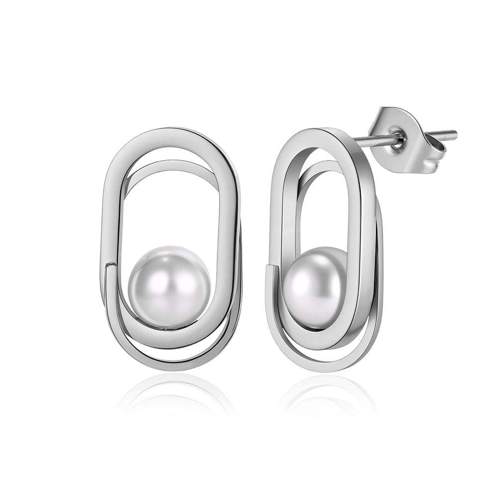 Modernist Interlocking Double Oval & Floating Shell Pearl Earrings