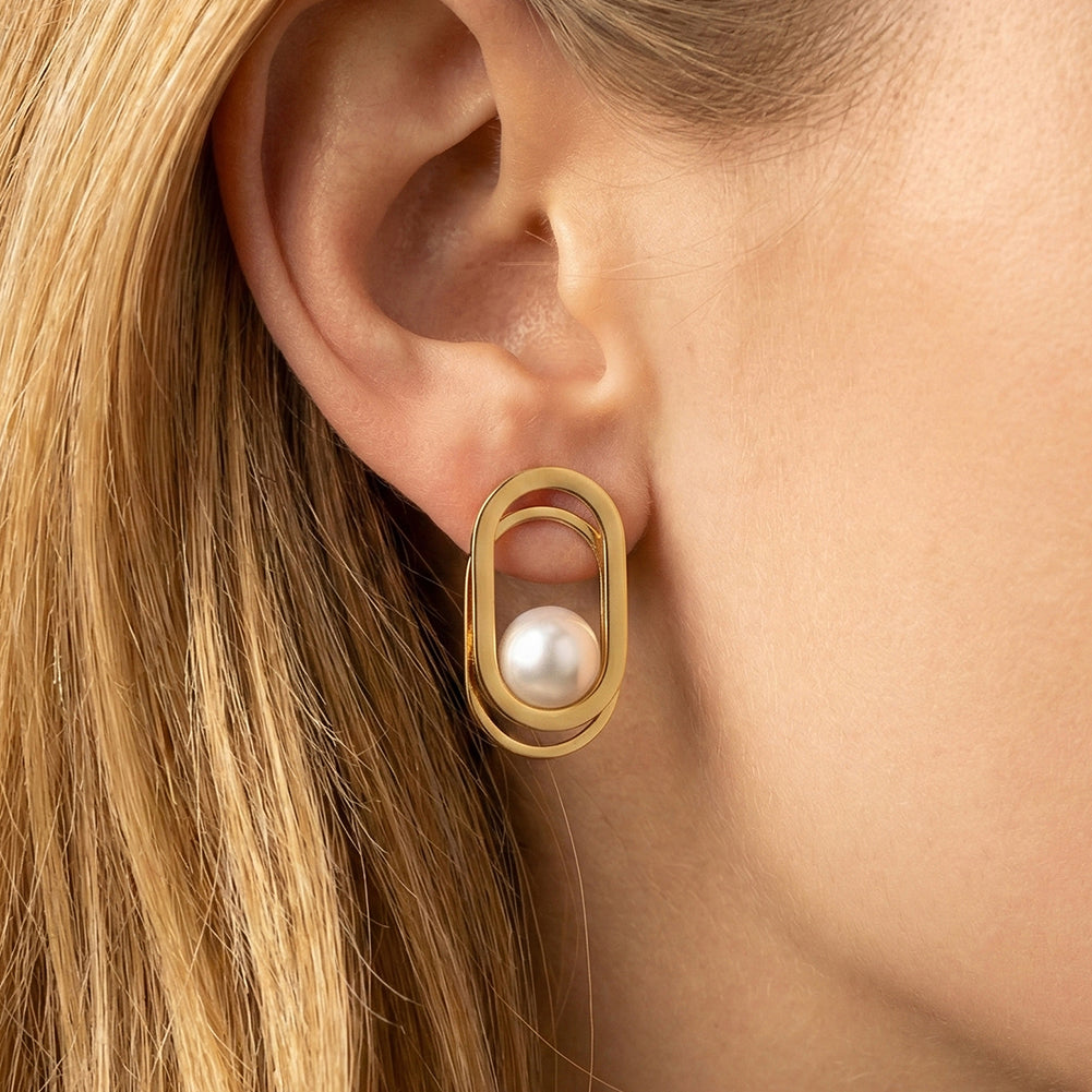 Modernist Interlocking Double Oval & Floating Shell Pearl Earrings
