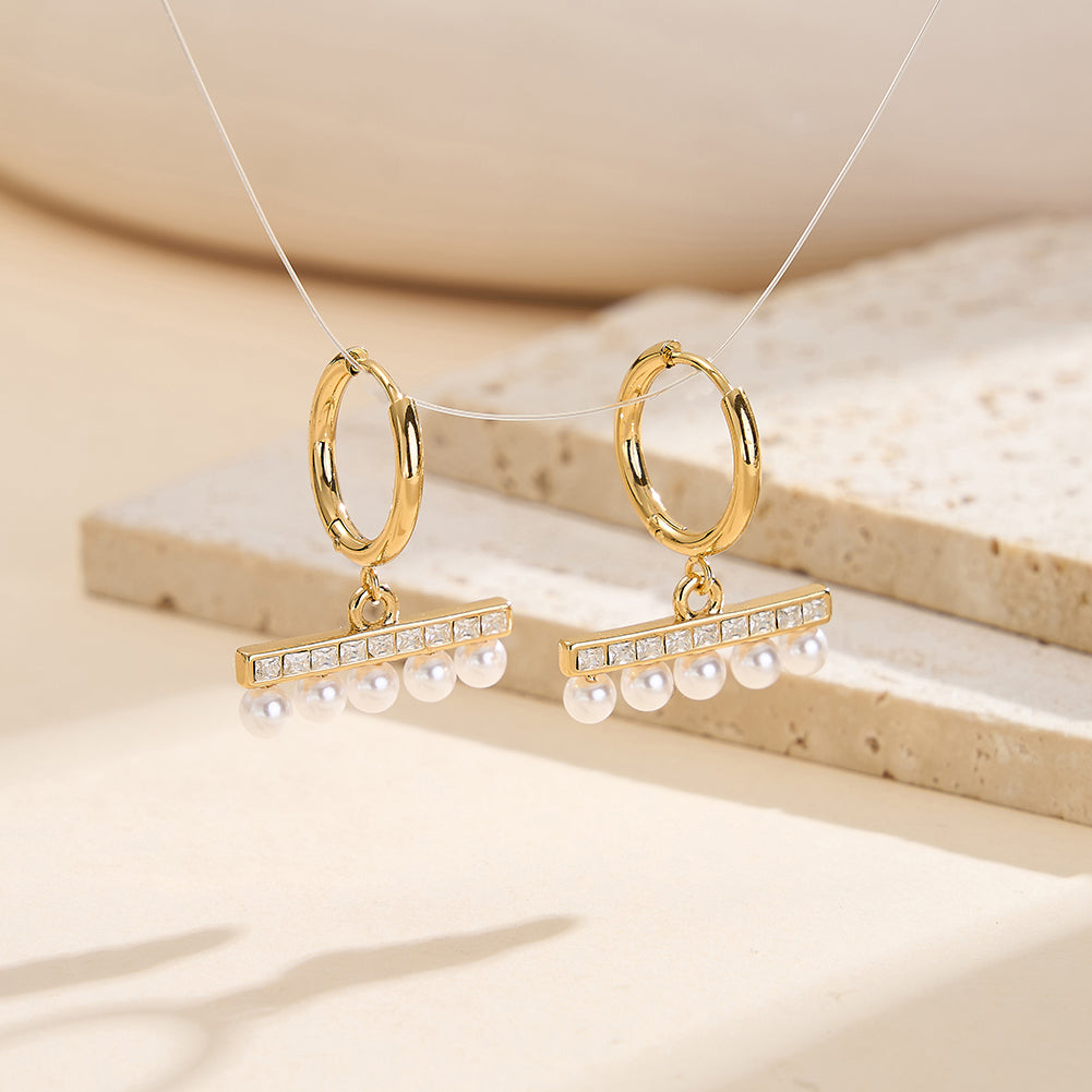 Velvet Meridian gold horizontal linear bar drop earrings micro paved with cubic zirconia crystals and fringed with 5 round 4mm shell pearls in waterproof 304 stainless steel by LeeWey Luxury
