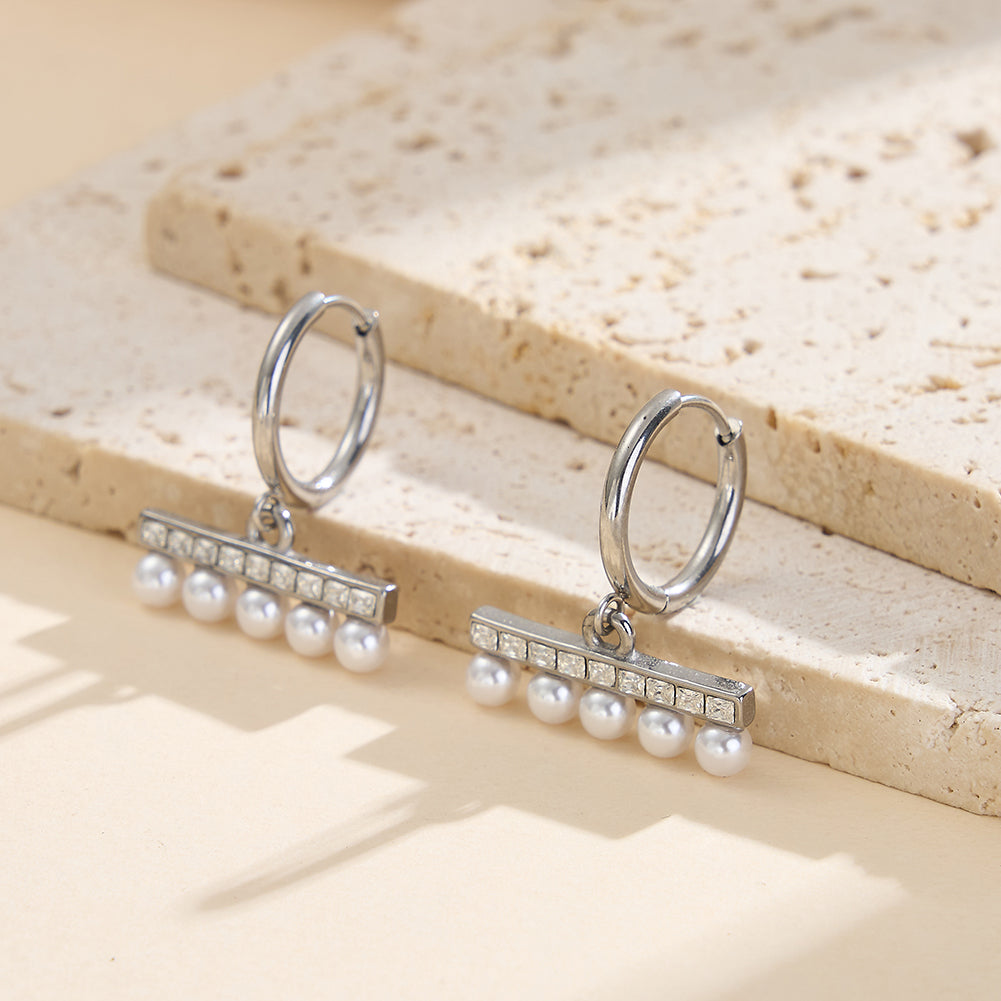 Velvet Meridian // Sculptural CZ Bar & Shell Pearl Drop Earrings
