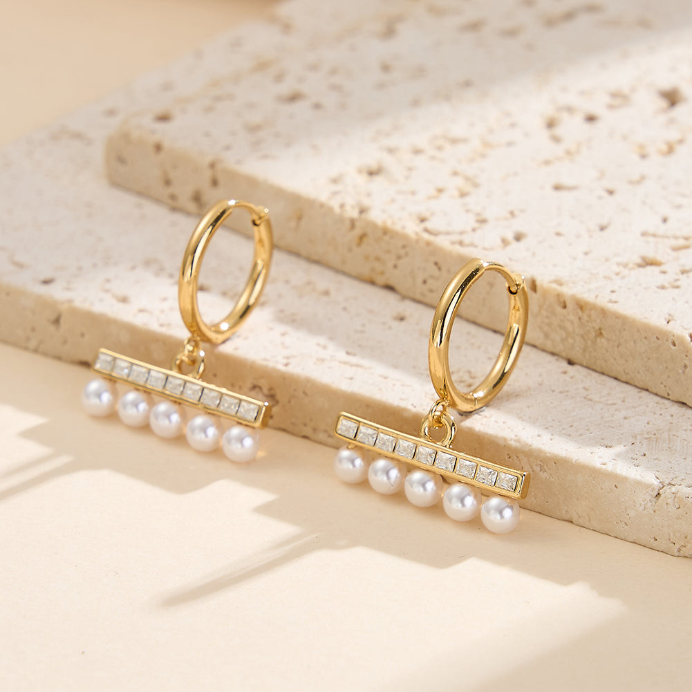 Velvet Meridian // Sculptural CZ Bar & Shell Pearl Drop Earrings