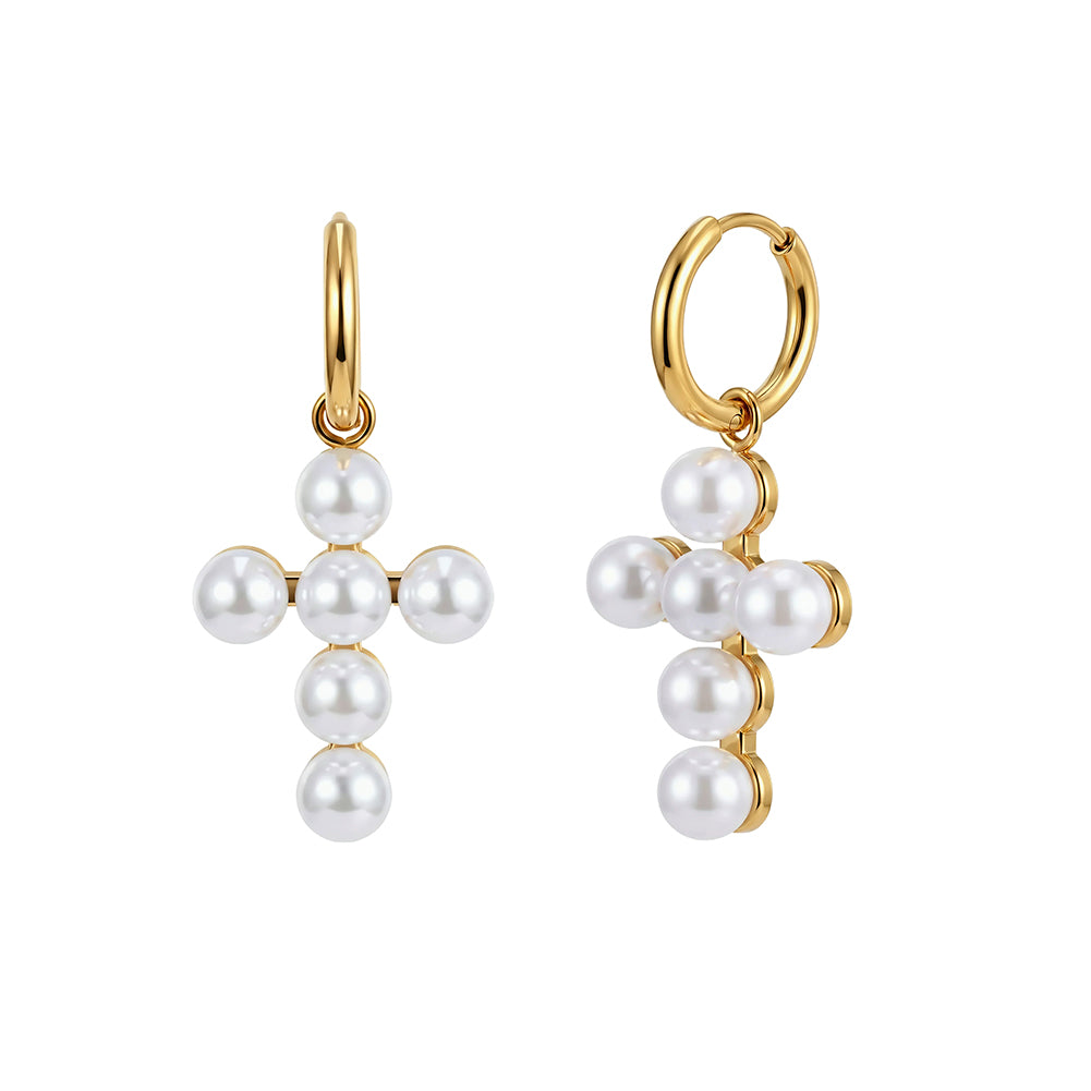 Velvet Oracle // Sculptural Shell Pearl Cross Drop Hoop Earrings