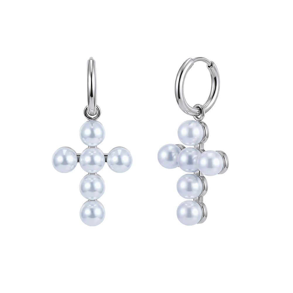 Velvet Oracle // Sculptural Shell Pearl Cross Drop Hoop Earrings