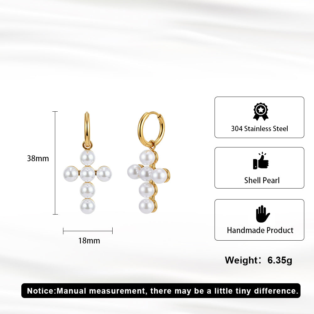 Velvet Oracle // Sculptural Shell Pearl Cross Drop Hoop Earrings