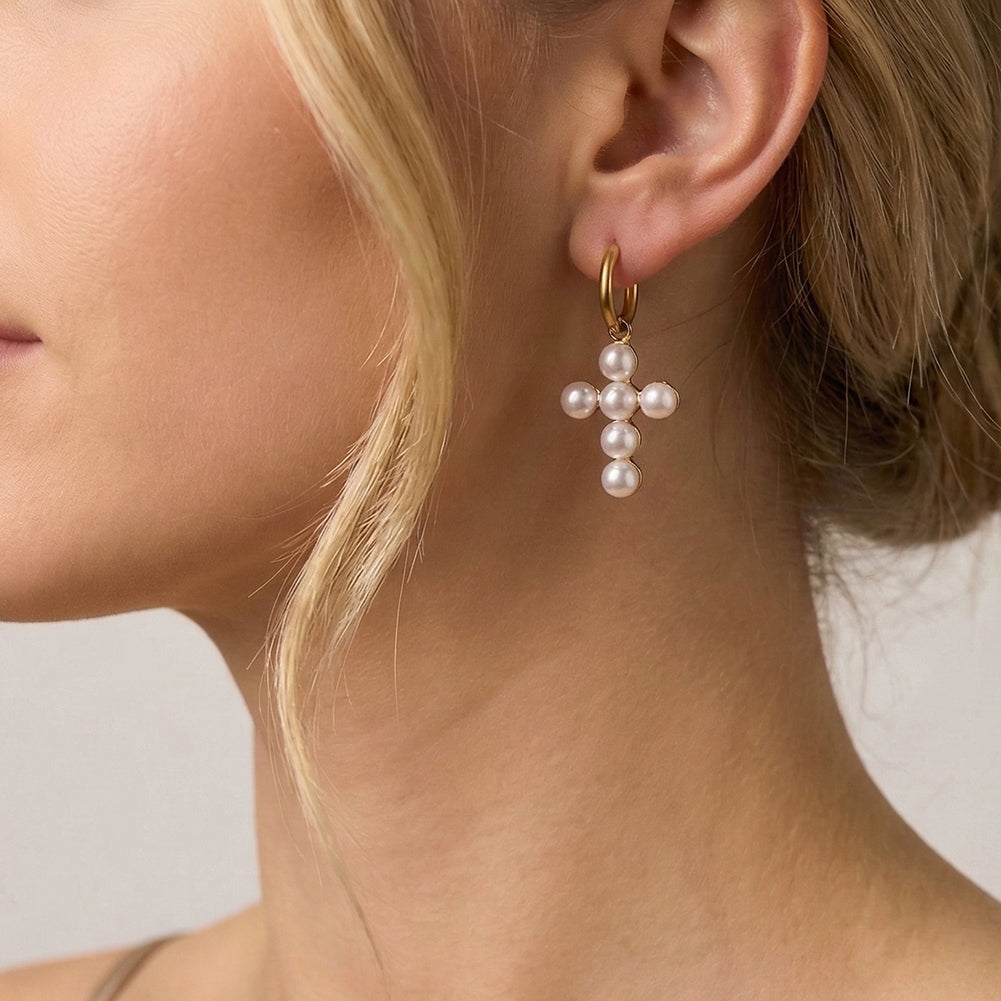 Velvet Oracle // Sculptural Shell Pearl Cross Drop Hoop Earrings