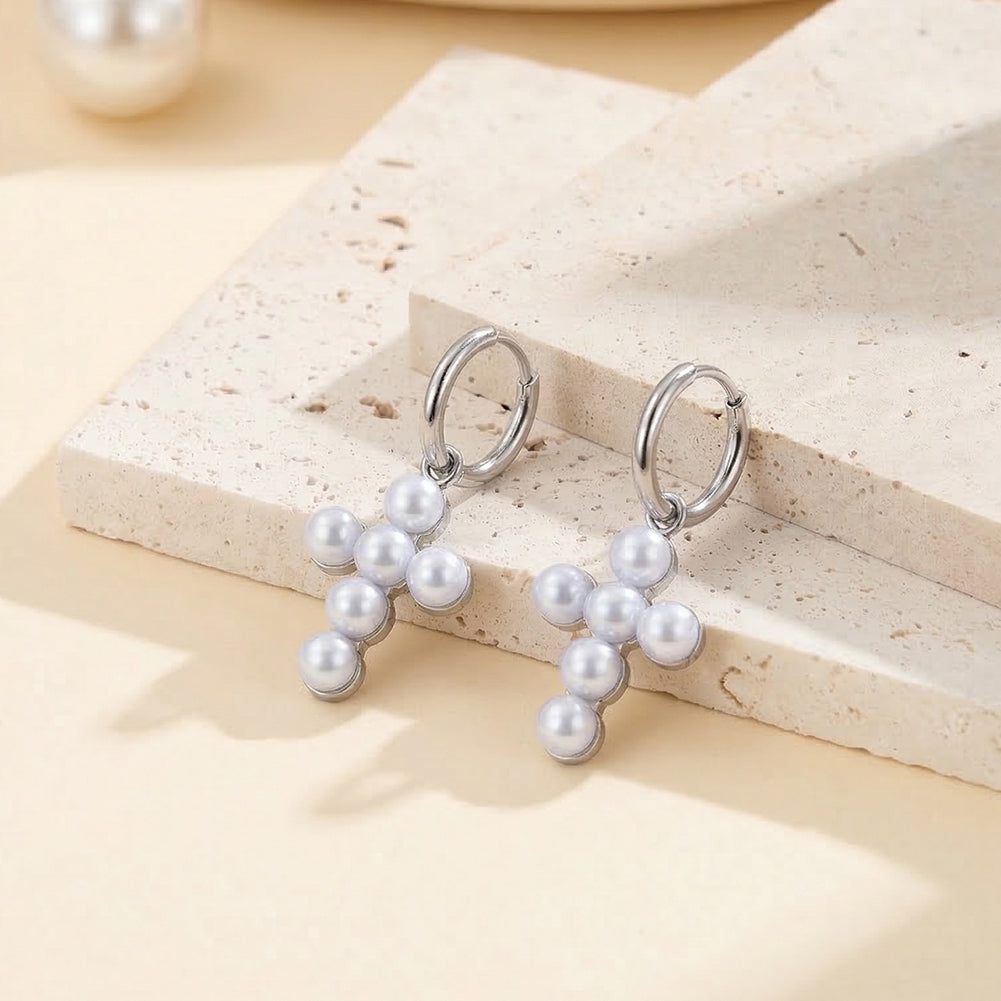 Velvet Oracle // Sculptural Shell Pearl Cross Drop Hoop Earrings