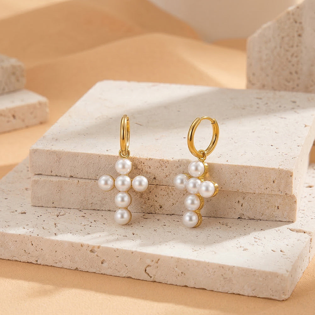 Velvet Oracle gold gothic cross drop hoop earrings hand crafted with 6 round natural white shell pearls in waterproof tarnish free 304 stainless steel by LeeWey Luxury