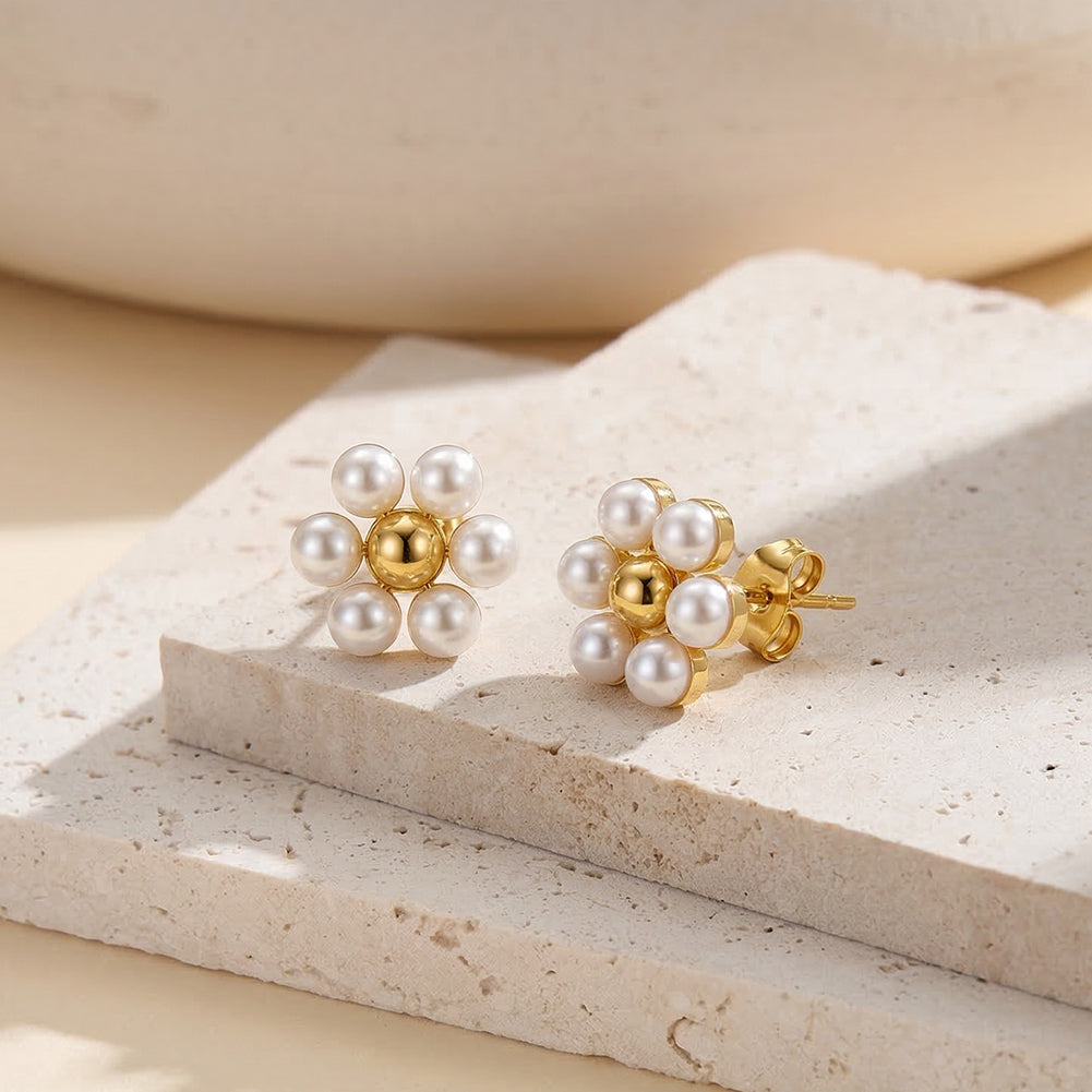 Aura Blossom gold mini shell pearl daisy flower blossom stud earrings with polished metallic center bead in waterproof 304 stainless steel by LeeWey Luxury