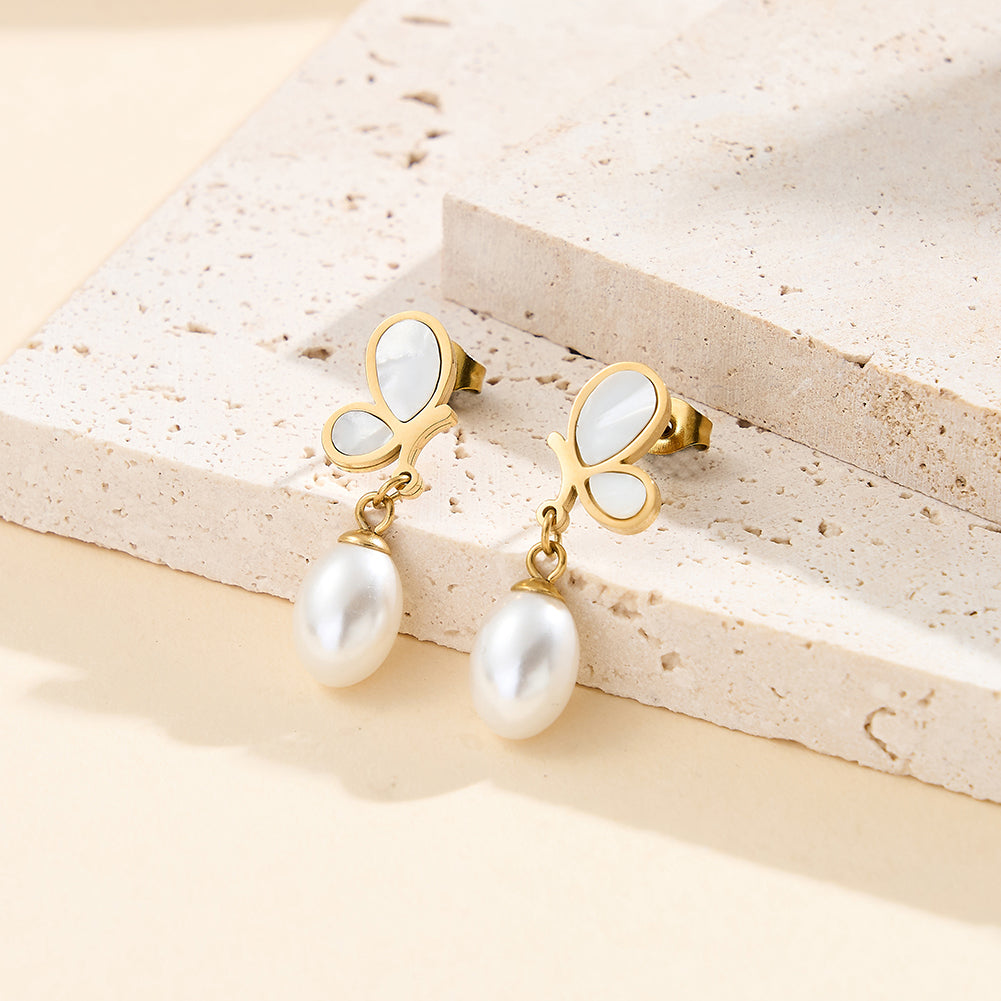 Aura Celestial // Mother of Pearl Butterfly & Waterdrop Pearl Drop Earrings