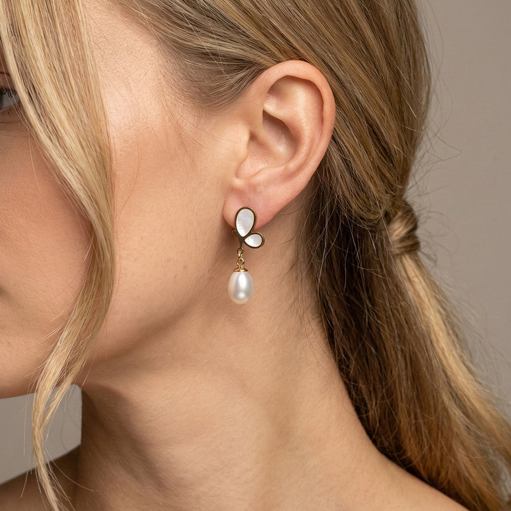 Aura Celestial // Mother of Pearl Butterfly & Waterdrop Pearl Drop Earrings