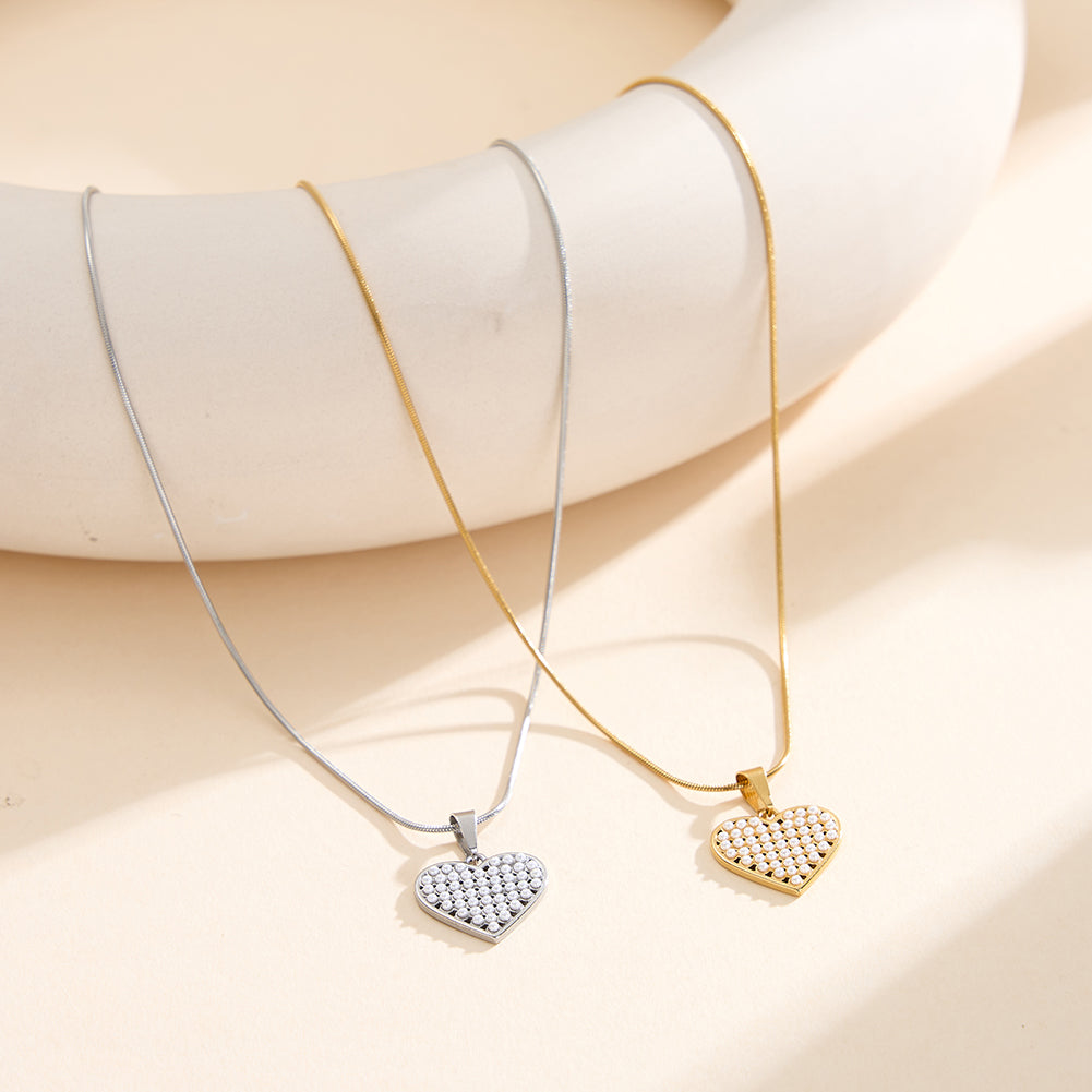 Dainty Micro-Pavé Shell Pearl Heart Pendant Necklace