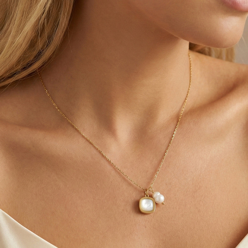 Chic Asymmetric Dual-Pendant Baroque Pearl & Square Shell Necklace