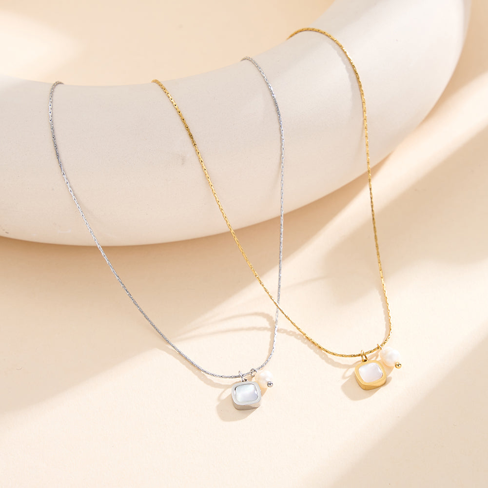 Chic Asymmetric Dual-Pendant Baroque Pearl & Square Shell Necklace