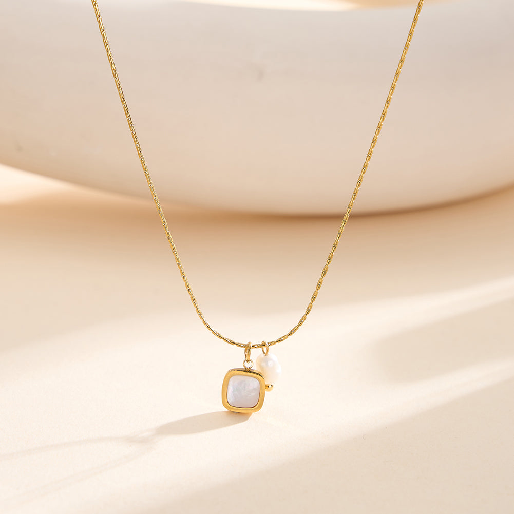 Chic Asymmetric Dual-Pendant Baroque Pearl & Square Shell Necklace