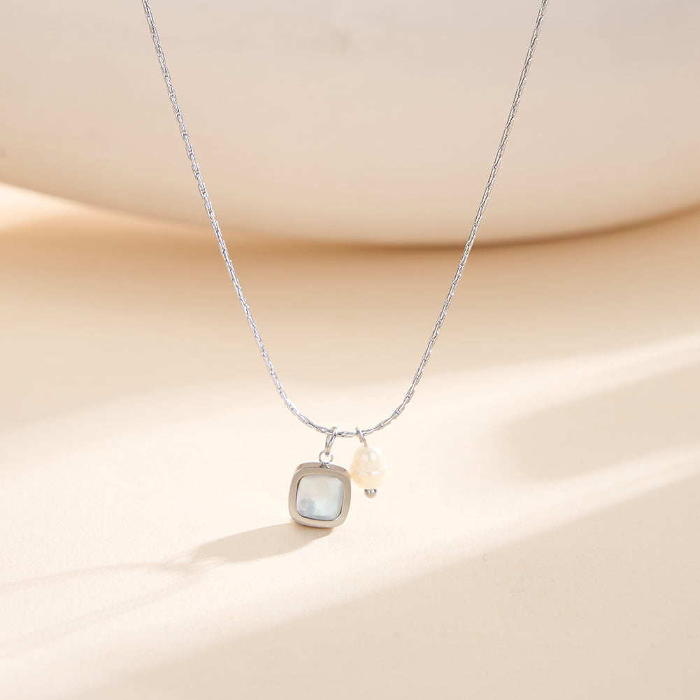 Chic Asymmetric Dual-Pendant Baroque Pearl & Square Shell Necklace