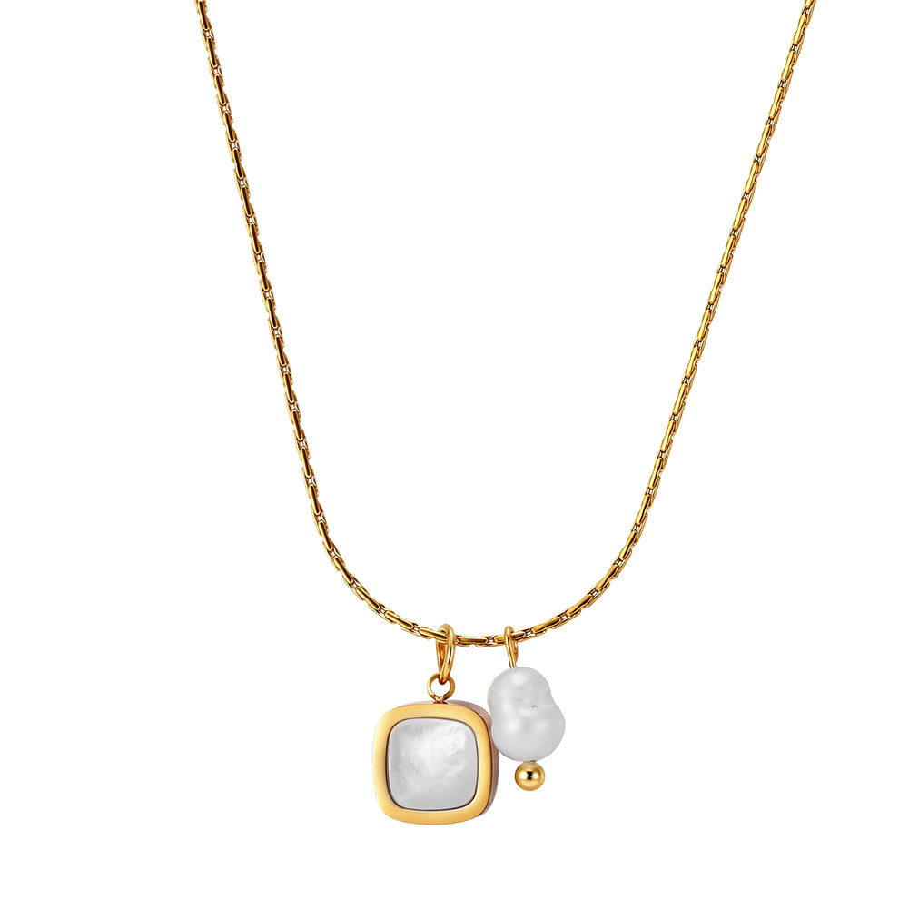 Chic Asymmetric Dual-Pendant Baroque Pearl & Square Shell Necklace