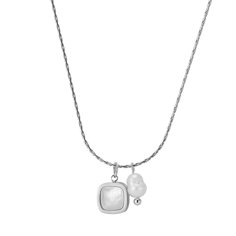 Chic Asymmetric Dual-Pendant Baroque Pearl & Square Shell Necklace