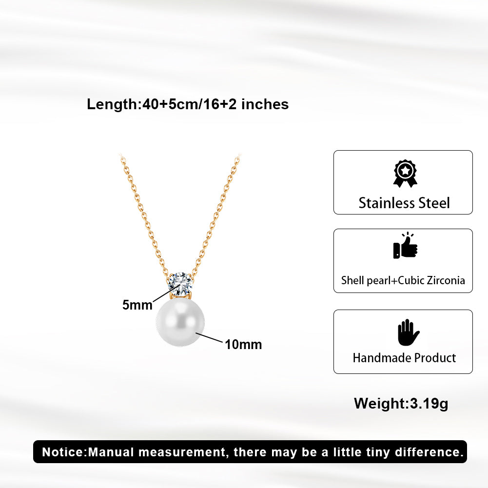 Elegant French Solitaire CZ & Drop Shell Pearl Pendant Necklace