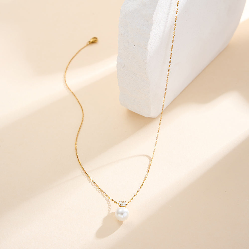 Elegant French Solitaire CZ & Drop Shell Pearl Pendant Necklace