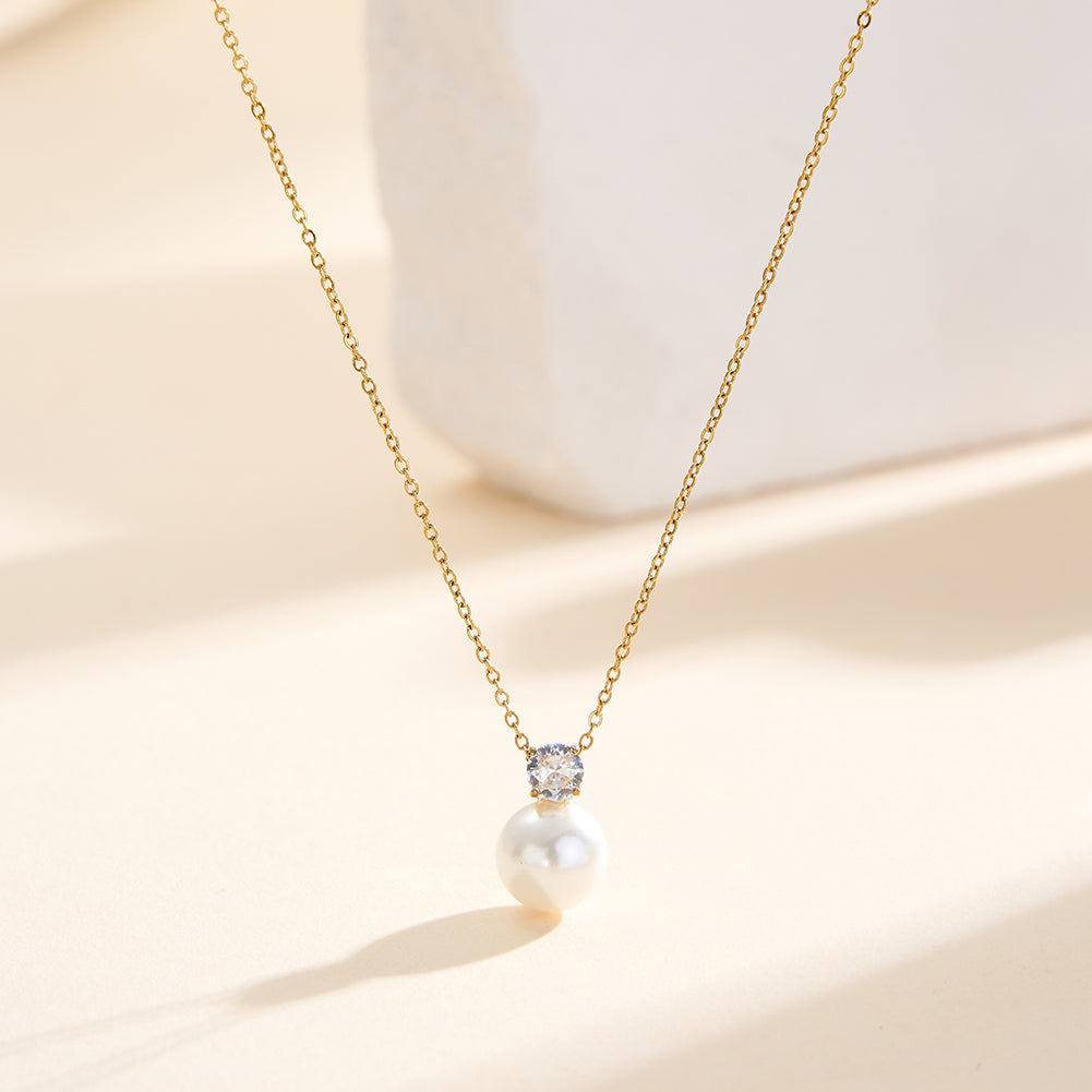 Elegant French Solitaire CZ & Drop Shell Pearl Pendant Necklace