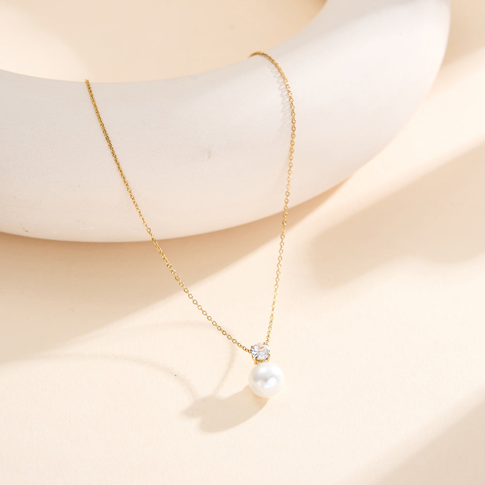Elegant French Solitaire CZ & Drop Shell Pearl Pendant Necklace