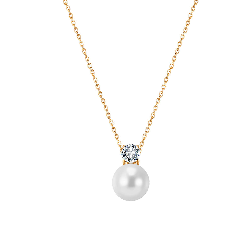 Elegant French Solitaire CZ & Drop Shell Pearl Pendant Necklace