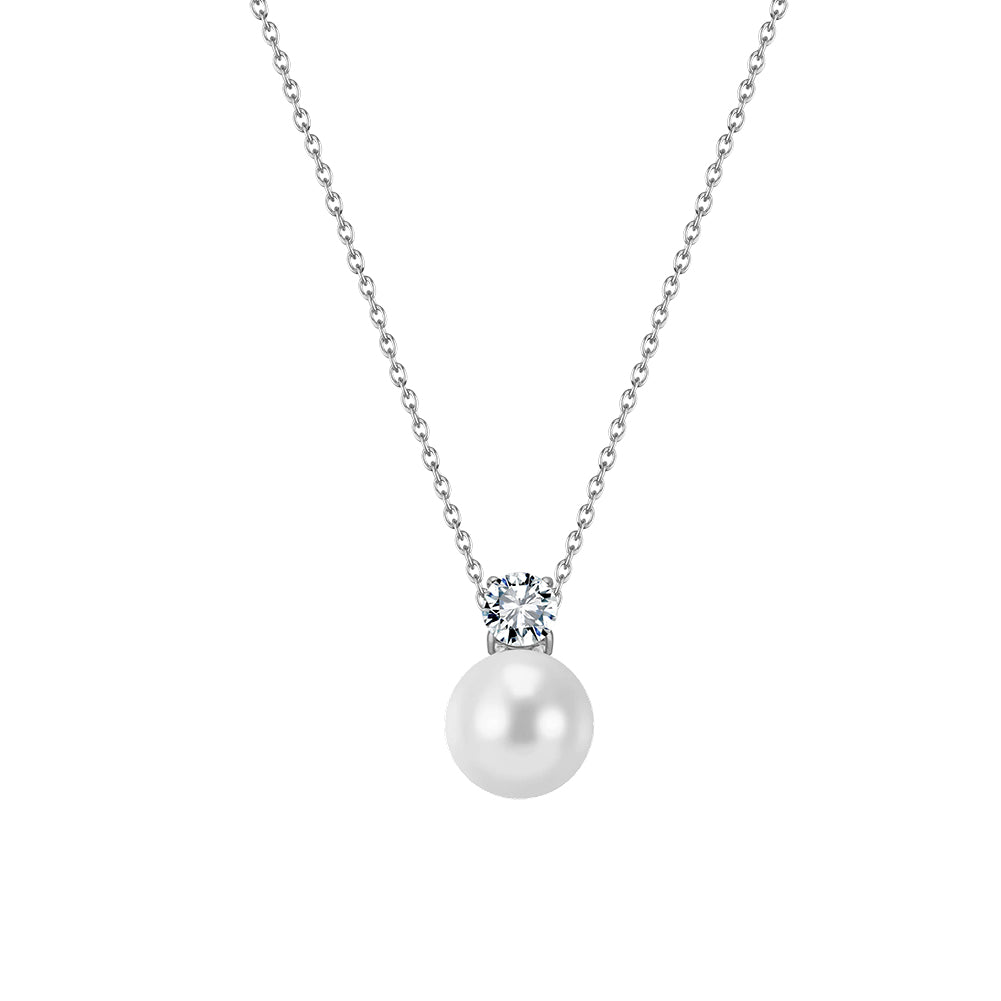 Elegant French Solitaire CZ & Drop Shell Pearl Pendant Necklace
