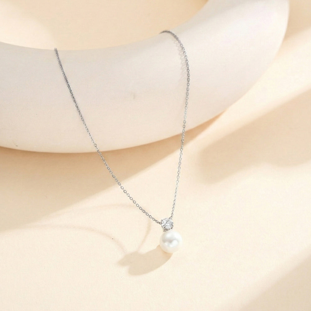 Elegant French Solitaire CZ & Drop Shell Pearl Pendant Necklace