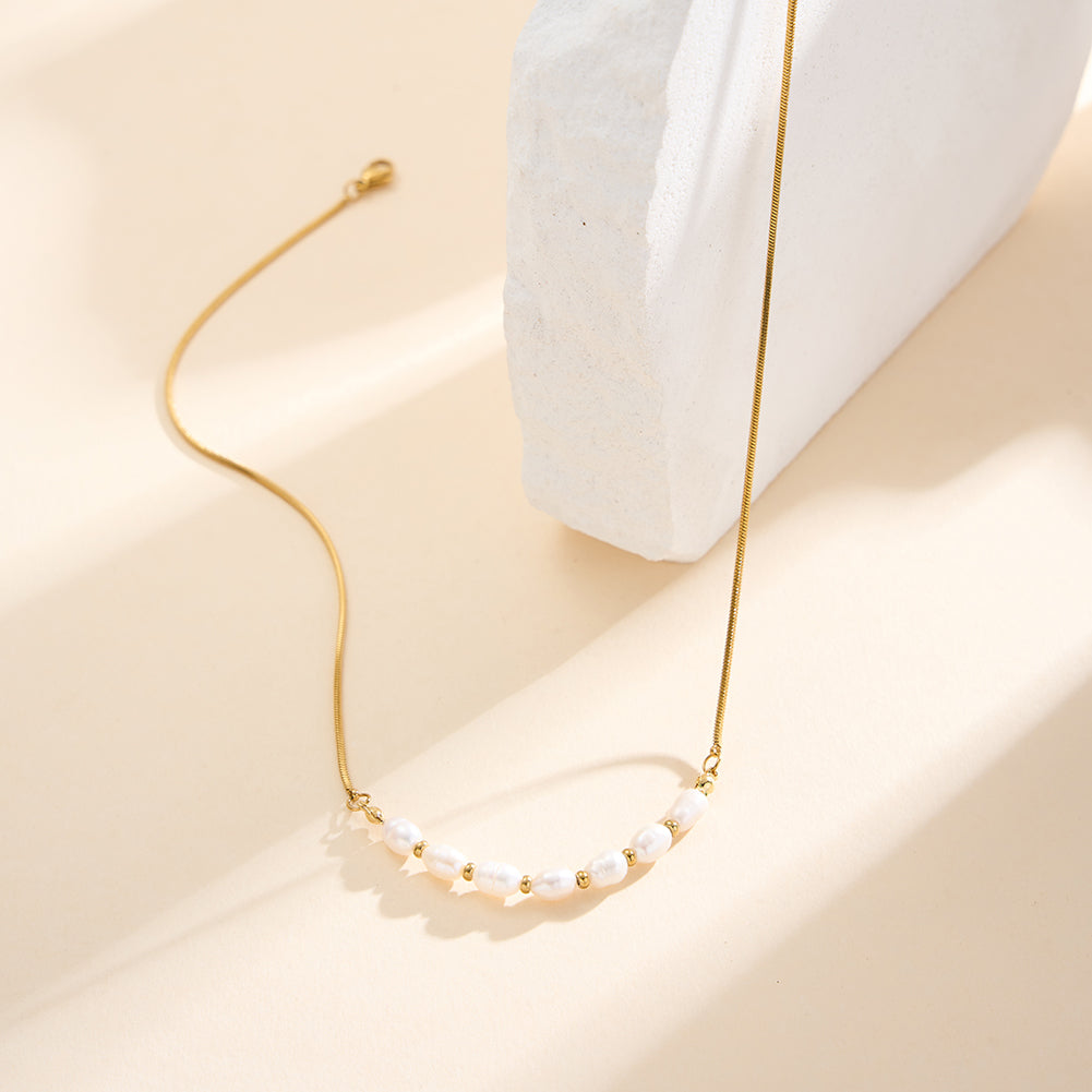 Dainty Natural Freshwater Pearl & Gold Bead Station Necklace