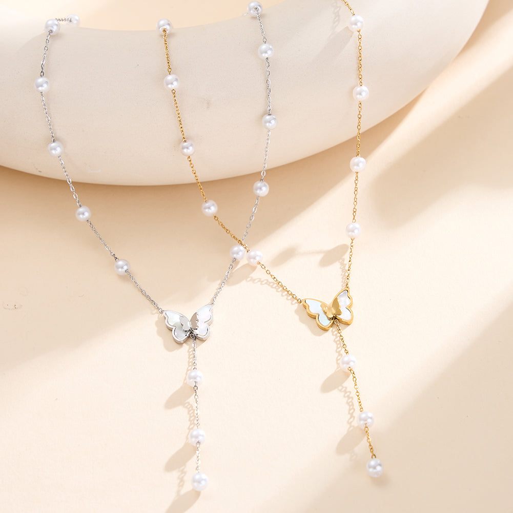 Whimsical 3D Shell Butterfly & Pearl Y-Lariat Necklace