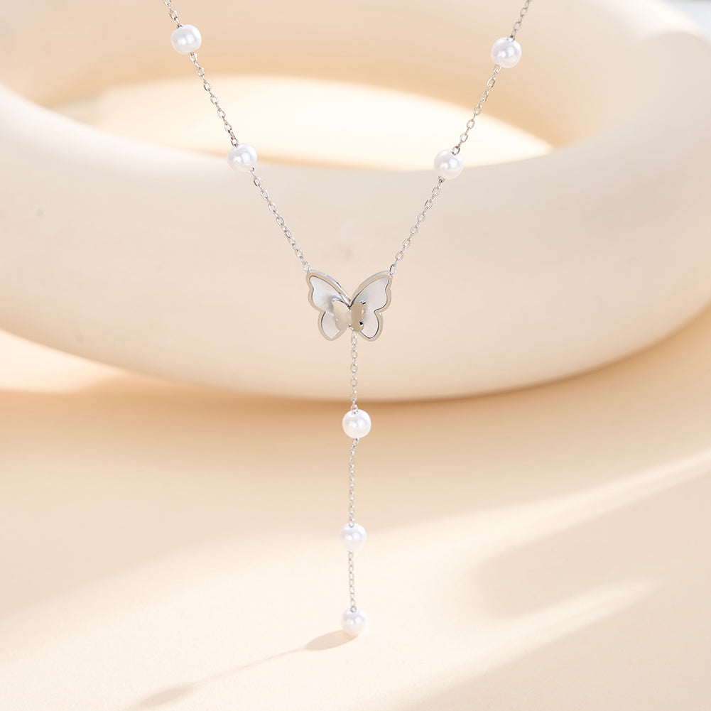 Whimsical 3D Shell Butterfly & Pearl Y-Lariat Necklace