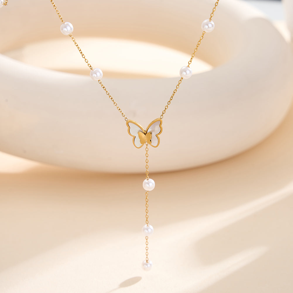 Whimsical 3D Shell Butterfly & Pearl Y-Lariat Necklace