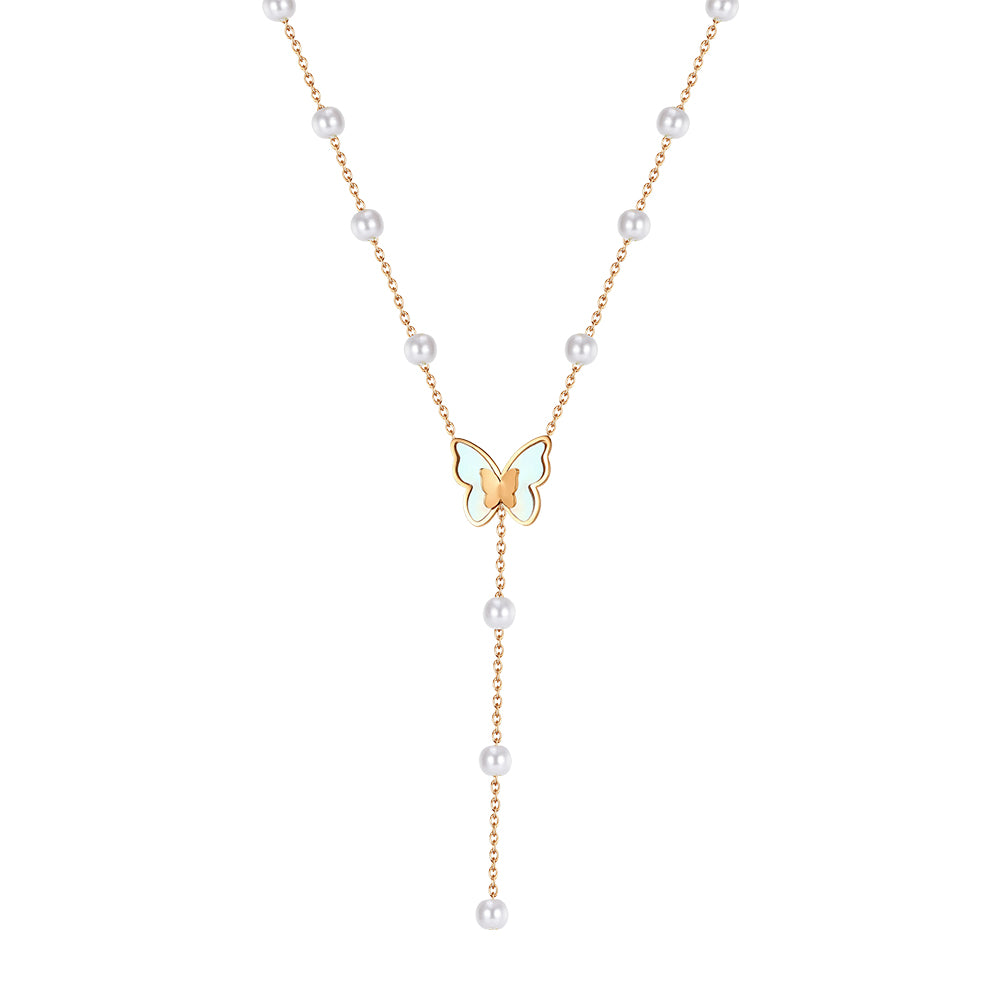 Whimsical 3D Shell Butterfly & Pearl Y-Lariat Necklace