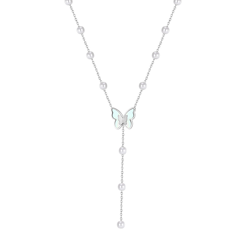 Whimsical 3D Shell Butterfly & Pearl Y-Lariat Necklace